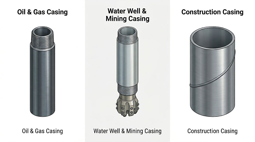 Three types of casing pipe comparison: oil and gas API 5CT casing, water well and mining casing with drilling bit, and large diameter construction casing pipe