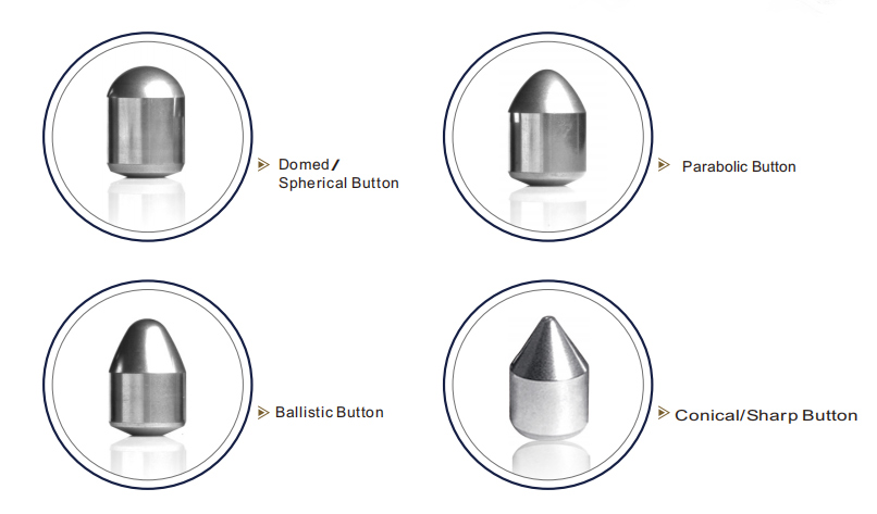 Spherical domed vs ballistic parabolic vs conical tapered button shape comparison for rock drilling bits