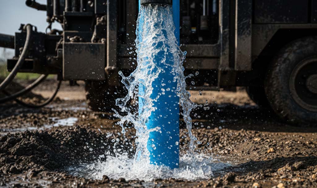 Water well drilling rig in operation showing DTH hammer drilling process