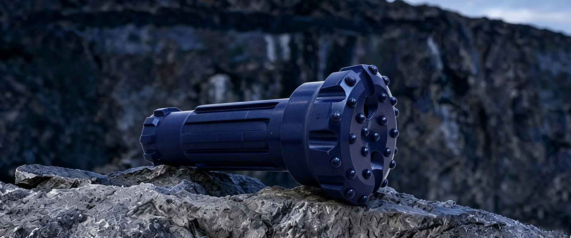 MSD DTH bit with tungsten carbide buttons secured by cold-press interference fit process showing button detail