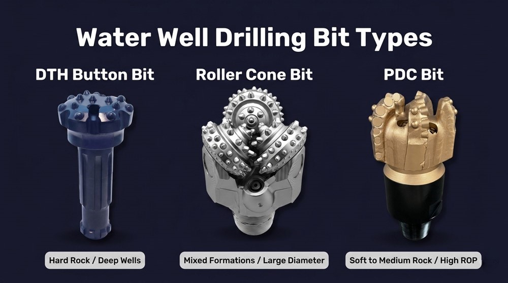 water-well-drilling-bit-types-including-DTH-button-bit-roller-cone-and-PDC-bit.jpg